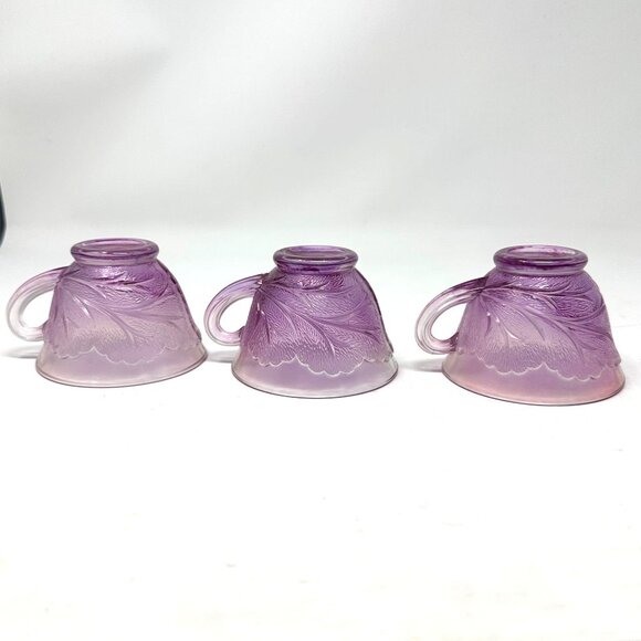 Vintage Indiana Glass Pebble Leaf Tea Cups Pink Floral Pressed 3pc Set - Picture 12 of 16